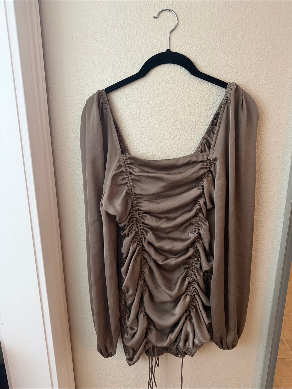 Ruched Mini Dress with Square Neck in Taupe